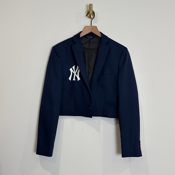 Upcycled Cropped Navy Blue Slim Fit Blazer | OOAK With Novelty Patch - Picture 2 of 7